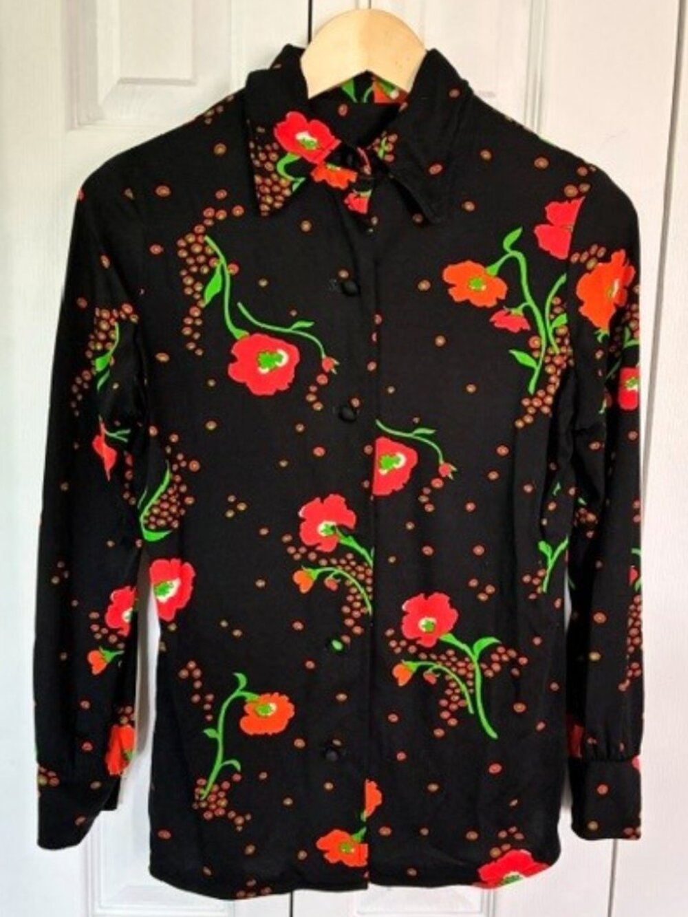 Vintage 70s Poppy Print Button Up Blouse Size M